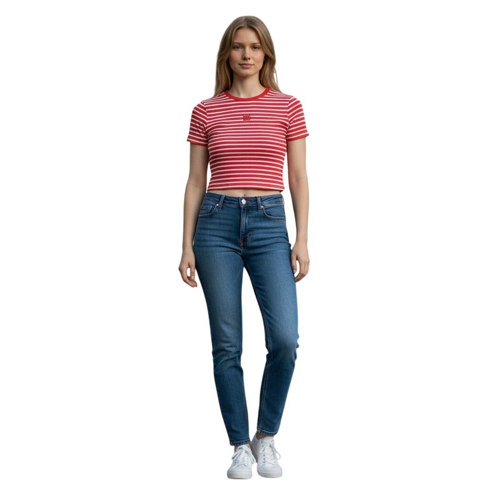 DKNY Jeans Womens Pink White Striped Ribbed Knit Short Sleeve Top Sweater XXS